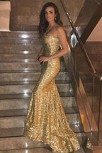 Cheap Mermaid Strapless Coral Sequins Long Prom Dresses, Evening Party Dresses