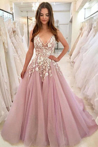 Gorgeous Ball Gown V-neck Pink Tulle Lace Wedding Dresses, Gown Dresses