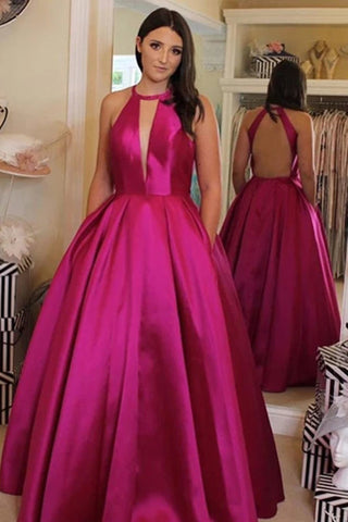 V Neckline Satin Ball Gown Evening Dress Hot Pink Backless Prom Dress