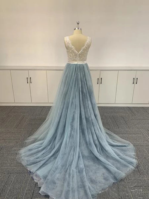 Tulle Embroidered Ombre Soft Lace V-neck Prom Dresses Formal Dresses