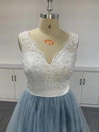 Tulle Embroidered Ombre Soft Lace V-neck Prom Dresses Formal Dresses