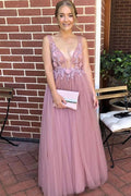 Charming A-line V-neck Open Back Pink Flower Lace Prom Dresses, Fairy Dresses