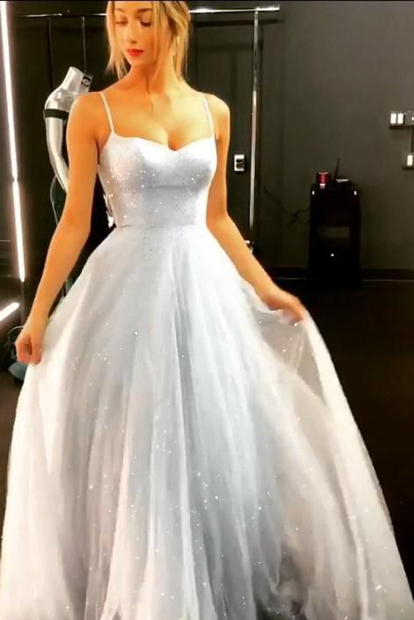 Sparkly A-Line Sky Blue Backless Dress Floor-length Prom Dresses