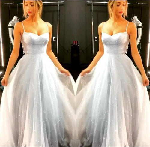 Sparkly A-Line Sky Blue Backless Dress Floor-length Prom Dresses