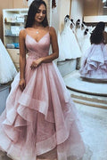 Long Prom Dresses with Tiered Spaghetti Straps Red Evening Gowns
