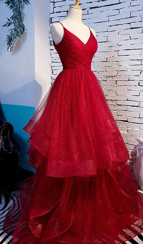Long Prom Dresses with Tiered Spaghetti Straps Red Evening Gowns