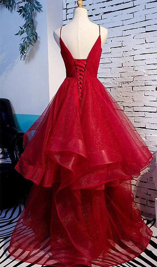 Long Prom Dresses with Tiered Spaghetti Straps Red Evening Gowns