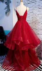 Long Prom Dresses with Tiered Spaghetti Straps Red Evening Gowns