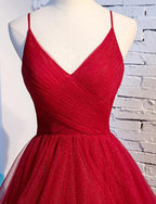 Long Prom Dresses with Tiered Spaghetti Straps Red Evening Gowns