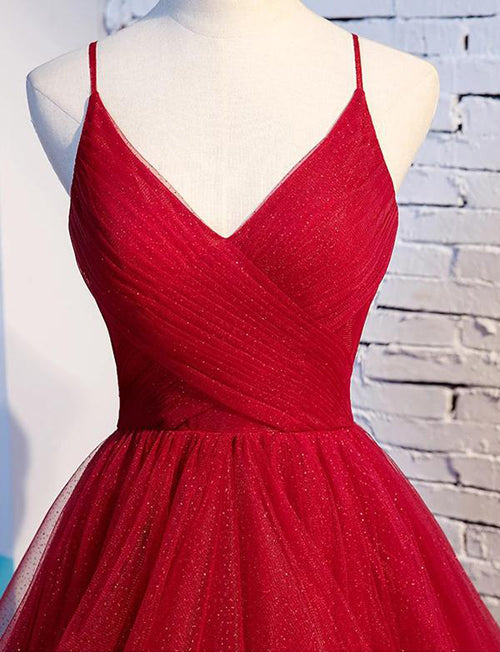 Long Prom Dresses with Tiered Spaghetti Straps Red Evening Gowns