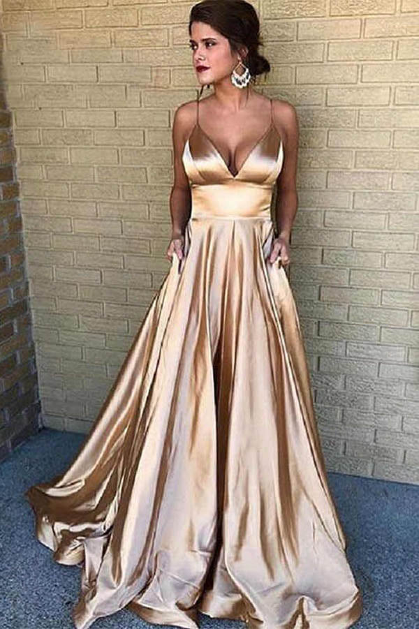 Cheap Prom Dresses Spaghetti Straps Long Evening Gowns With Pockets