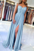 Elegant Sweetheart Spagehetti Straps Blue Lace Slit Prom Dresses,Beaded Prom Dresses