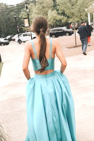 Robe de bal simple deux pièces en satin bleu lac à col en V avec poches
