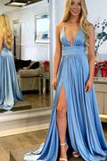 Vestidos largos de fiesta azules de satén con escote en V, corte en A y tirantes finos; vestidos de noche con abertura.