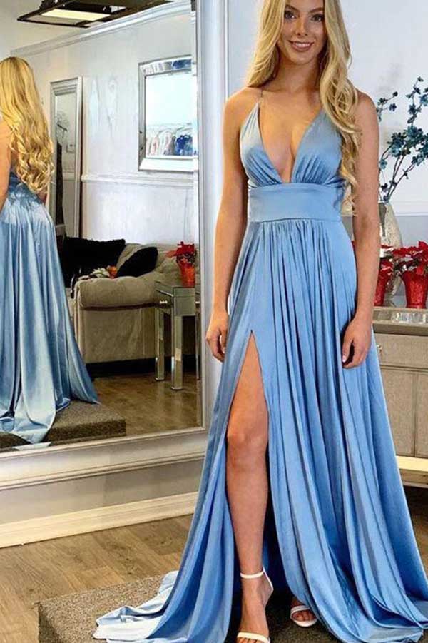 Vestidos largos de fiesta azules de satén con escote en V, corte en A y tirantes finos; vestidos de noche con abertura.