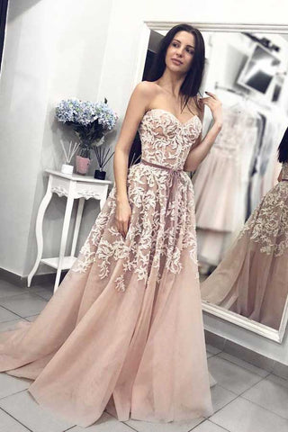 Vestidos de baile de gala con escote corazón, encaje rosa empolvado, largos y elegantes.