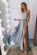 Robe de bal longue en satin, coupe trapèze, col V, sans manches, bretelles spaghetti, ornée d'appliques