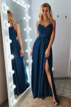 Robe de bal longue en satin, coupe trapèze, col V, sans manches, bretelles spaghetti, ornée d'appliques
