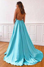 Vestido largo de fiesta sencillo de satén con escote en V, tirantes finos, encaje y corte en A con abertura.