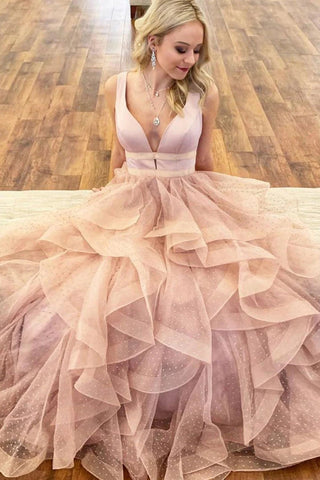 Tulle Lace Prom Dresses with Straps Deep V-neck A-line Long Pink Prom Dress