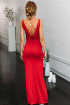 Elastic Satin V-neck Spaghetti Straps Red High Split Mermaid Prom Dress