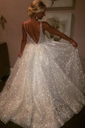 Ivory Prom Dresses V-neck A-line Short Train Sparkly Beautiful Backless Prom Dress
