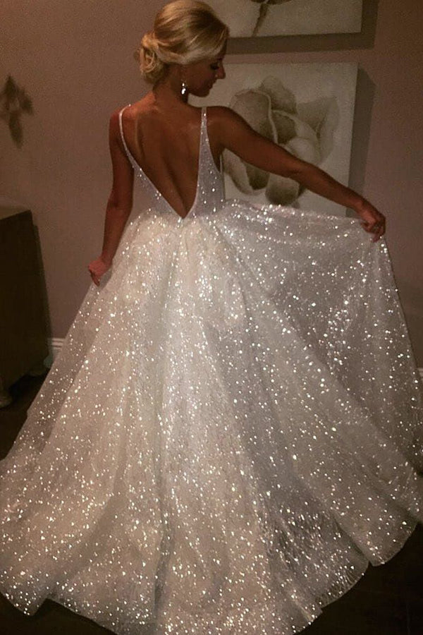 Ivory Prom Dresses V-neck A-line Short Train Sparkly Beautiful Backless Prom Dress