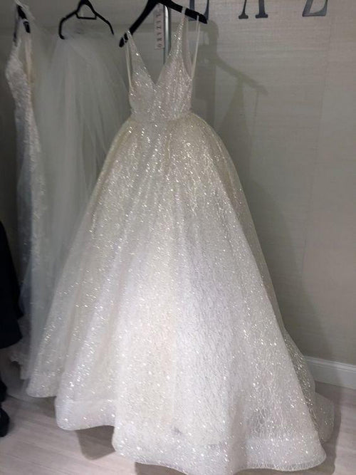 Ivory Prom Dresses V-neck A-line Short Train Sparkly Beautiful Backless Prom Dress