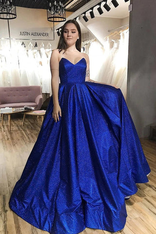 Robe de bal bleu royal scintillante en tulle, sans bretelles, col en V, coupe trapèze et poches