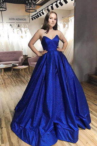 Robe de bal bleu royal scintillante en tulle, sans bretelles, col en V, coupe trapèze et poches