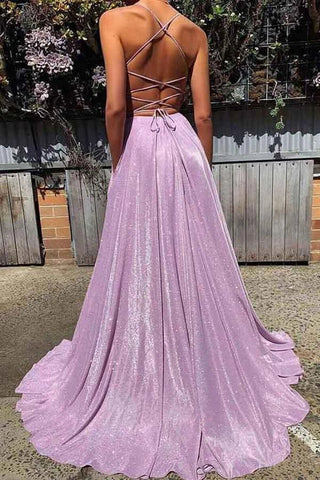 Backless Prom Dresses Spaghetti Straps A-line Sparkly Fashion Evening Dress