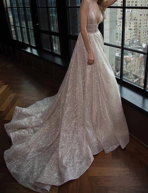 Simple Prom Dresses V-neck Silver Organza Long Prom Dress/Evening Dress