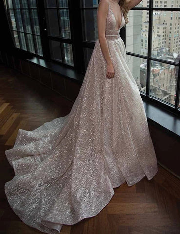 Robe de bal simple, robe de soirée longue en organza argenté à col en V