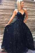 Spaghetti Straps A-line Dark Navy Lace Prom Dress Sparkly Long Evening Dresses