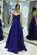 Simple Royal Blue Satin A-line Floor-length Sweetheart Long Prom Dress