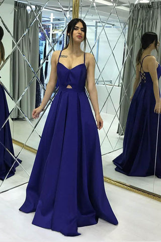 Robe de bal longue en satin bleu roi, coupe trapèze, décolleté cœur