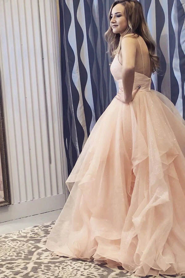 Vestido largo de fiesta/formal de organza con elegantes tirantes y volantes, corte en A.