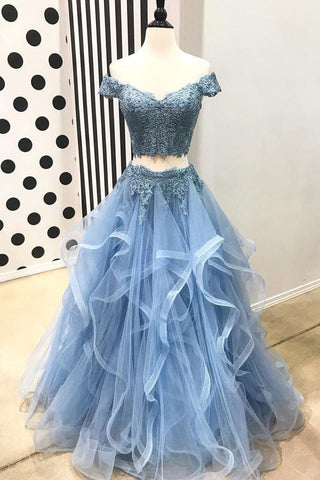 Tulle A-Line Off-the-Shoulder Sky Blue Appliques Floor-length Long Prom Dress