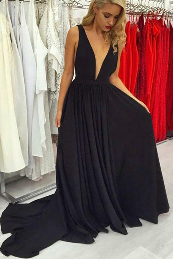 Vestidos largos de fiesta negros de satén con escote en V profundo, espalda descubierta y tirantes, corte en A, elegantes vestidos de noche