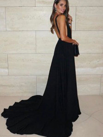 A-line Deep V-neck Open Back Black Satin Long Prom Dresses with Straps,Elegant Evening Dresses