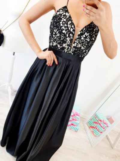Vestidos largos negros de fiesta con escote en V, tirantes finos, espalda cruzada y encaje.