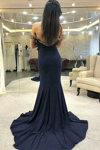 Robe de soirée longue bleu marine sirène à appliques et épaules dénudées