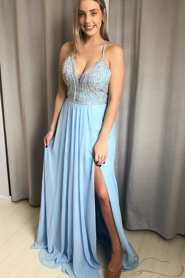 Cute Chiffon A-line V-neck Spaghetti Straps Slit Long Prom Dresses Cross Back Beading Party Dresses