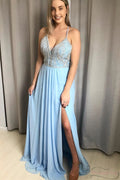 Cute Chiffon A-line V-neck Spaghetti Straps Slit Long Prom Dresses Cross Back Beading Party Dresses