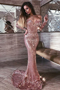 Mermaid Off the Shoulder Long Sleeves Blush Sequins Long Prom Dresses,Simple Evening Dresses