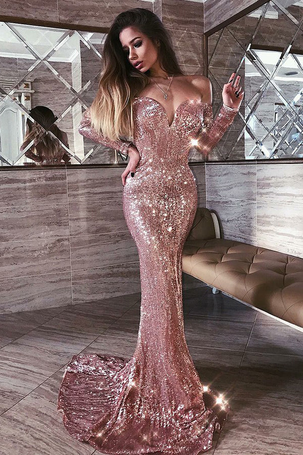 Mermaid Off the Shoulder Long Sleeves Blush Sequins Long Prom Dresses,Simple Evening Dresses