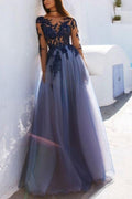 Vestidos largos de noche de encaje azul transparente, manga larga y espalda descubierta