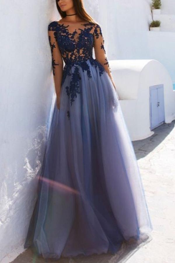 Vestidos largos de noche de encaje azul transparente, manga larga y espalda descubierta