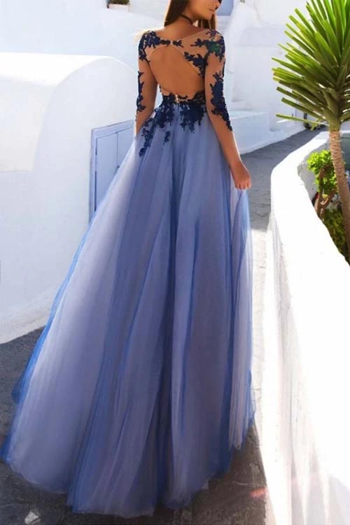 Vestidos largos de noche de encaje azul transparente, manga larga y espalda descubierta