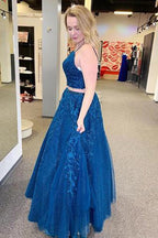 Robe de soirée deux pièces bleue à bretelles spaghetti et appliqués, robe de bal